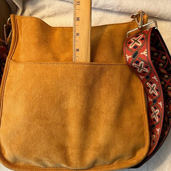 ah-dorned Crossbody Shoulder Bag Camel Faux Suede Reversible Multi Colored Strap - Picture 6 of 8